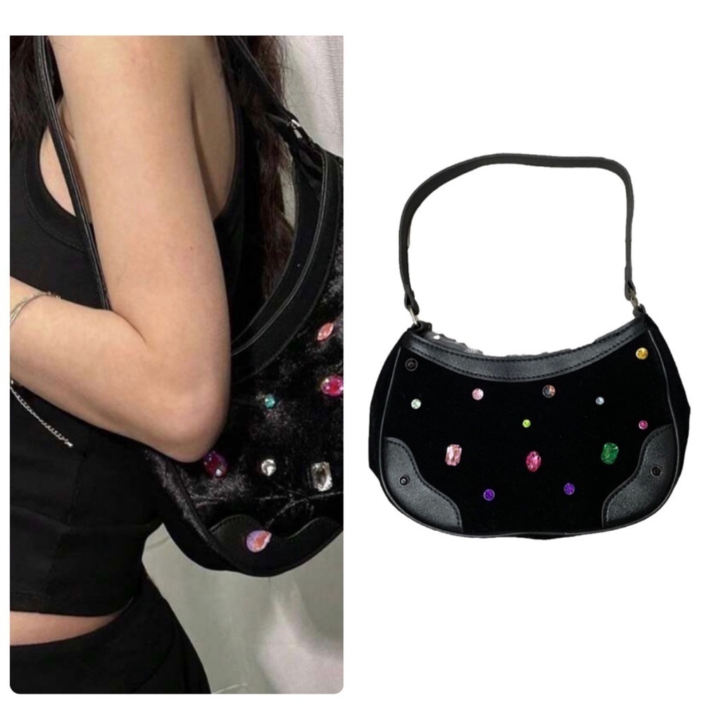 Black Bejeweled Suede Baguette Handbag